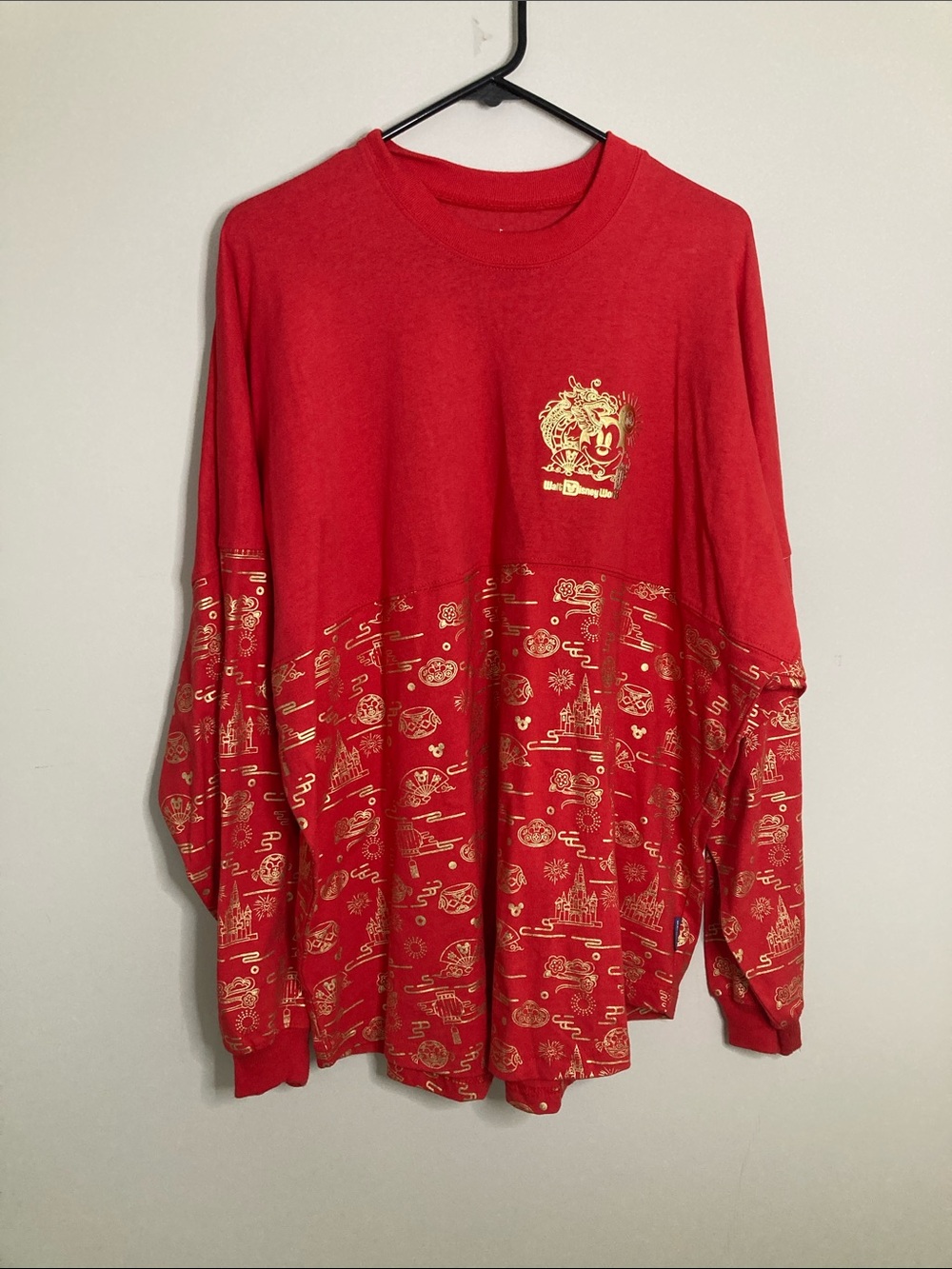 Disney Red Long Sleeve Tee with Gold Castle & Character Motif L